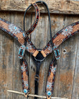 Two Toned Hand Painted Flower Turquoise/Ruby Browband/One Ear Tack Set