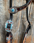 Two Toned Hand Painted Flower Turquoise/Ruby Browband/One Ear Tack Set