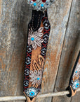 Two Toned Hand Painted Flower Turquoise/Ruby Browband/One Ear Tack Set