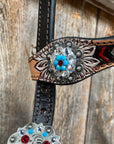 Two Toned Hand Painted Flower Turquoise/Ruby Browband/One Ear Tack Set