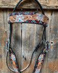 Two Toned Hand Painted Flower Turquoise/Ruby Browband/One Ear Tack Set
