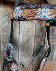 Two Toned Hand Painted Flower Turquoise/Ruby Browband/One Ear Tack Set