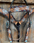 Two Toned Hand Painted Flower Turquoise/Ruby Browband/One Ear Tack Set