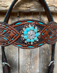 Hand Painted Two Tone Clear/Turquoise Browband / One Ear / Breastcollar Tack Set