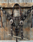 Dark Oil Floral Copper Dot & Turquoise Browband Headstall / Breastcollar Tack Set