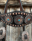 Dark Oil Floral Copper Dot & Turquoise Browband Headstall / Breastcollar Tack Set