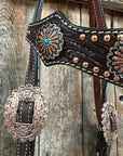 Dark Oil Floral Copper Dot & Turquoise Browband Headstall / Breastcollar Tack Set