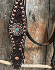 Dark Oil Floral Copper Dot & Turquoise Browband Headstall / Breastcollar Tack Set