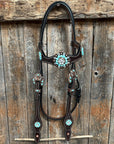 Dark Oil Basketweave Turquoise and Clear Browband Tack Set