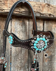 Dark Oil Basketweave Turquoise and Clear Browband Tack Set