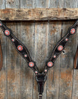 Dark Oil Floral Copper Dot Copper and Coral Browband / Breastcollar Tack Set