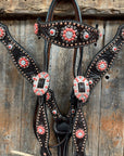 Dark Oil Floral Copper Dot Copper and Coral Browband / Breastcollar Tack Set