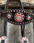 Dark Oil Floral Copper Dot Copper and Coral Browband / Breastcollar Tack Set