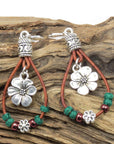 Silvery Western Leather Beaded Floral Dangle Earrings