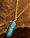 Blue Gold Wire Wrapped Turquoise Pendant Necklace