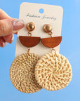 Beige Wooden Woven Disc Dangle Earrings