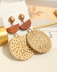 Beige Wooden Woven Disc Dangle Earrings