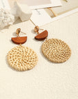 Beige Wooden Woven Disc Dangle Earrings