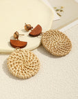 Beige Wooden Woven Disc Dangle Earrings