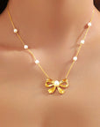 Gold Pearl Decor Plated Bow Knot Pendant Necklace
