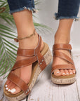 Hollow Out Velcro Leather Wedge Sandals