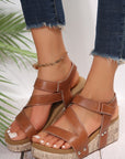 Hollow Out Velcro Leather Wedge Sandals