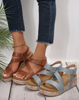 Hollow Out Velcro Leather Wedge Sandals