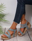 Hollow Out Velcro Leather Wedge Sandals