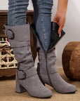 Suede Double Buckled Side Zipped Mid-calf Boots