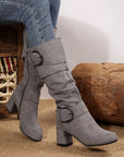 Suede Double Buckled Side Zipped Mid-calf Boots