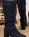 Suede Double Buckled Side Zipped Mid-calf Boots