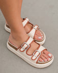 Beige Linen Dual Buckle Strap Thick Sole Slippers