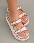 Beige Linen Dual Buckle Strap Thick Sole Slippers