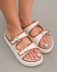 Beige Linen Dual Buckle Strap Thick Sole Slippers
