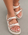 Beige Linen Dual Buckle Strap Thick Sole Slippers