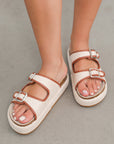 Beige Linen Dual Buckle Strap Thick Sole Slippers