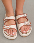 Beige Linen Dual Buckle Strap Thick Sole Slippers