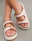 Beige Linen Dual Buckle Strap Thick Sole Slippers