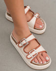 Beige Linen Dual Buckle Strap Thick Sole Slippers