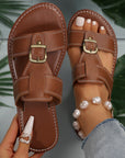 Saylor Buckle Decor Dual Bands Flat Slippers