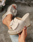 Bow Knot Decor Woven Wedge Slippers