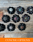 Black Carnations Leather Flowers - 1" Crystal Conchos - Options