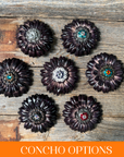 Black Daisy Leather Flowers - 1" Crystal Conchos - Options