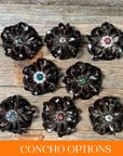 Black Lotus Leather Flowers - 1" Crystal Conchos - Options