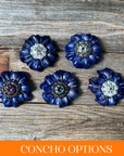 Blue Carnations Leather Flowers - 1" Crystal Conchos - Options