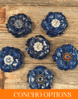 Blue Gardenia Leather Flowers - 1" Crystal Conchos - Options