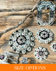 Bright Silver Jet & AB Crystal Conchos - Sizes from 1"- 3" and Buckles