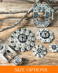 Bright Silver Jet & Clear Crystal Conchos - Sizes from 1"- 3" and Buckles