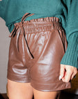 Brown PU Leather Belted High Waist Shorts -Bottoms