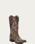 C3275 - WOMEN'S ORIX GLITTERED INLAY AND STUDS BROWN SQUARE TOE COWBOY BOOT